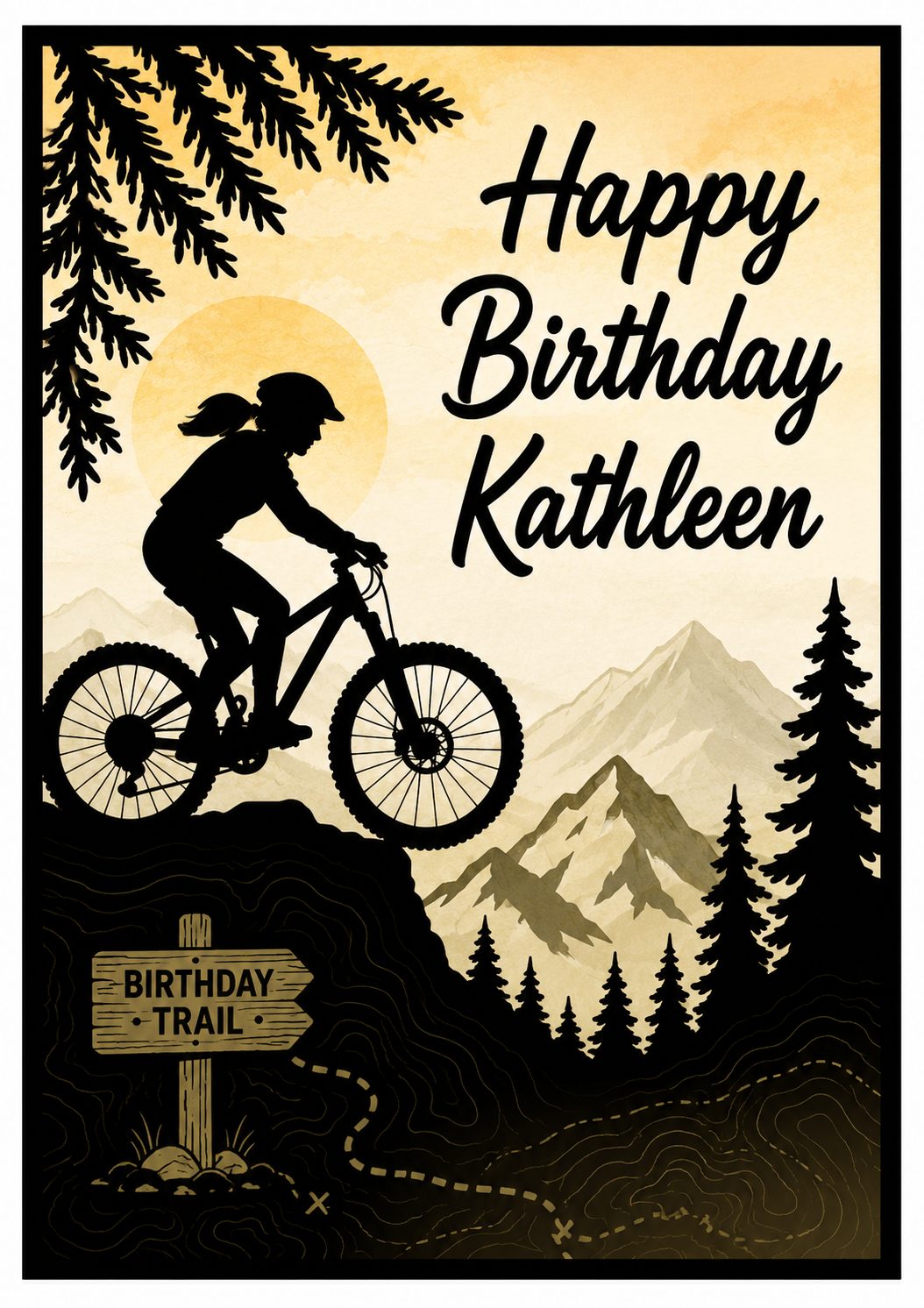 Illustrated birthday art: 'Happy Birthday Kathleen' above a mountain biker in silhouette on a rocky ridge, with mountains, pines, a 'Birthday Trail' sign and a dotted route across topo lines