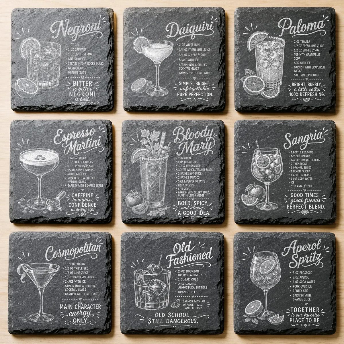 Nine square slate coasters engraved with cocktail drawings and recipes: Negroni, Daiquiri, Paloma, Espresso Martini, Bloody Mary, Sangria, Cosmopolitan, Old Fashioned and Aperol Spritz