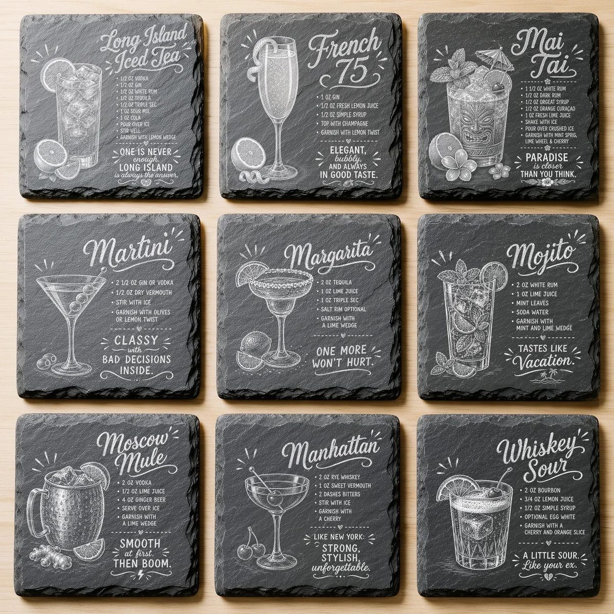Nine more slate cocktail coasters: Long Island Iced Tea, French 75, Mai Tai, Martini, Margarita, Mojito, Moscow Mule, Manhattan and Whiskey Sour