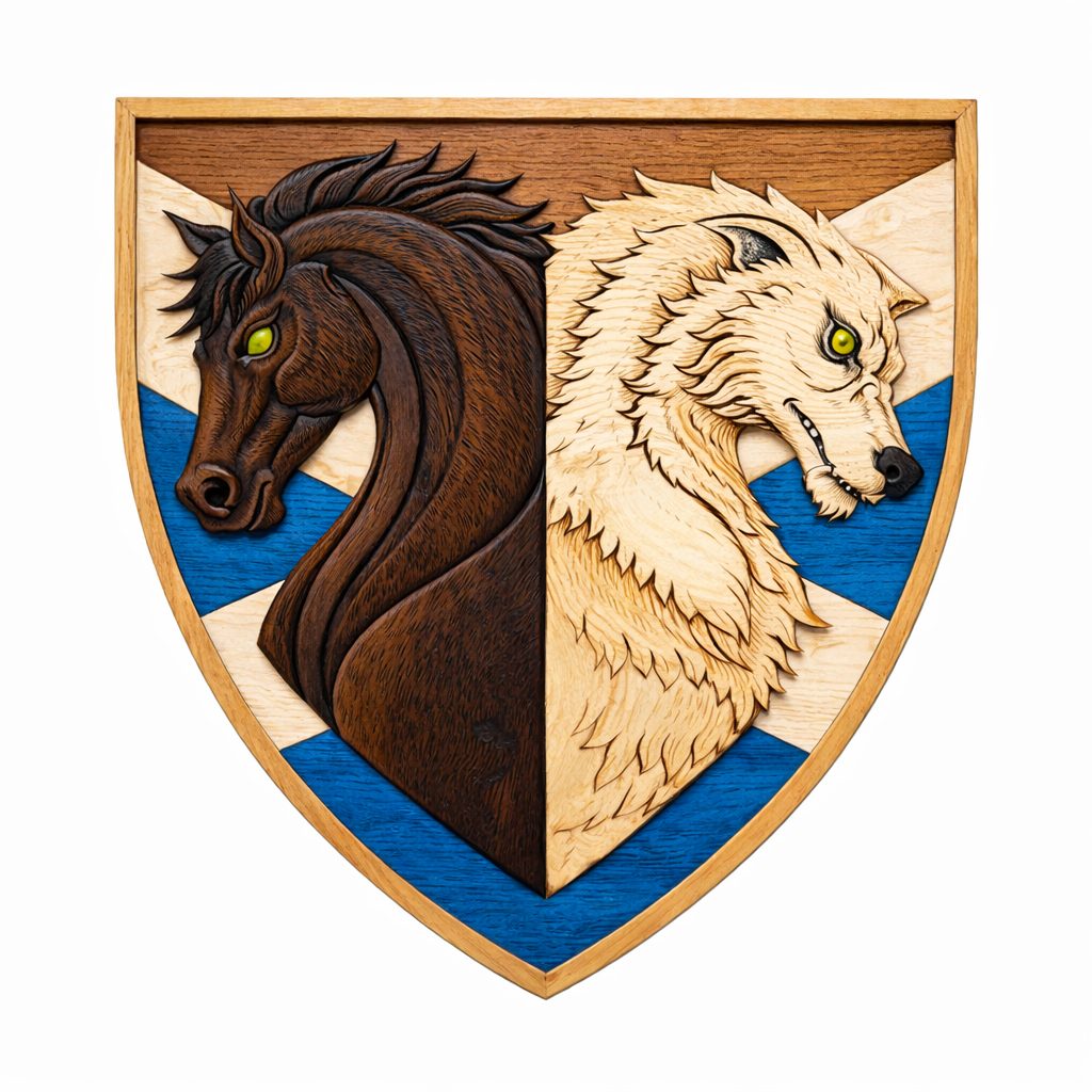 A wooden shield with a dark carved horse head and a pale carved wolf head facing opposite ways over a blue and white diagonal cross