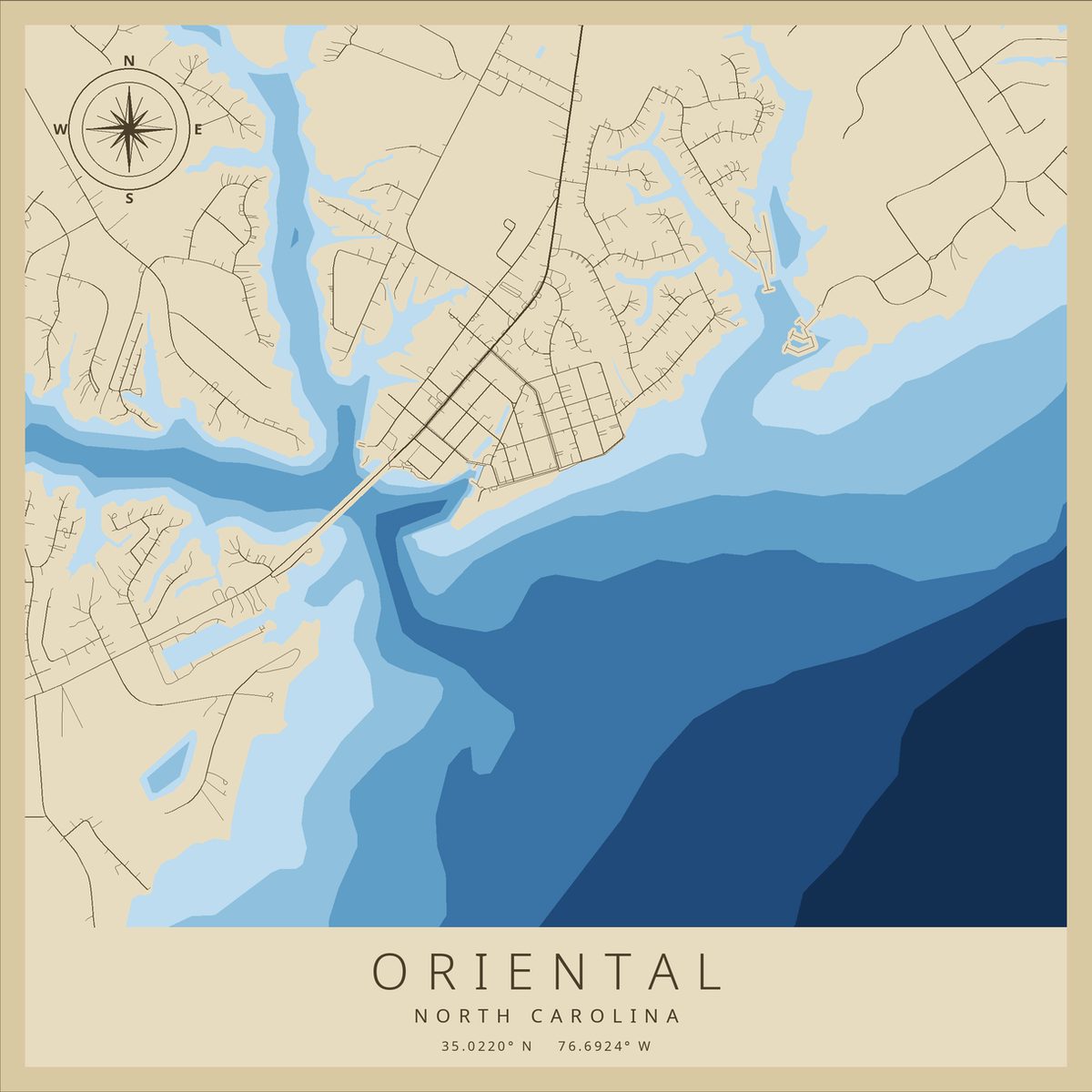 The flat design of the Oriental map: the land layer with its roads and a compass rose, over five blue depth bands