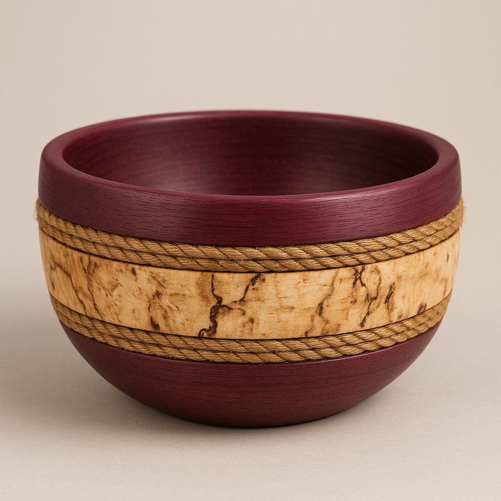 A round purpleheart bowl with a wide band of spalted maple, edged top and bottom in braided cord