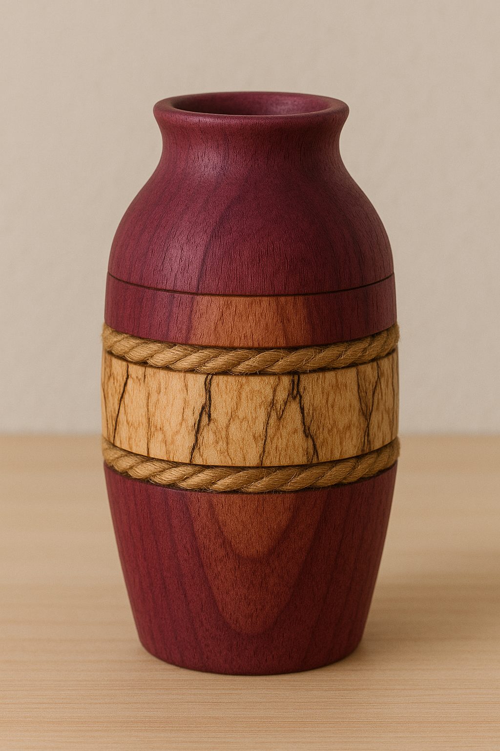 A hand-turned purpleheart vase with a flared lip and a band of spalted maple between two rows of braided cord