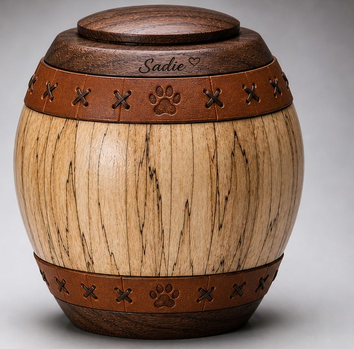 A barrel-shaped urn of spalted maple with a walnut top and base and two tan leather bands, cross-laced and stamped with paw prints; 'Sadie' is engraved on the lid