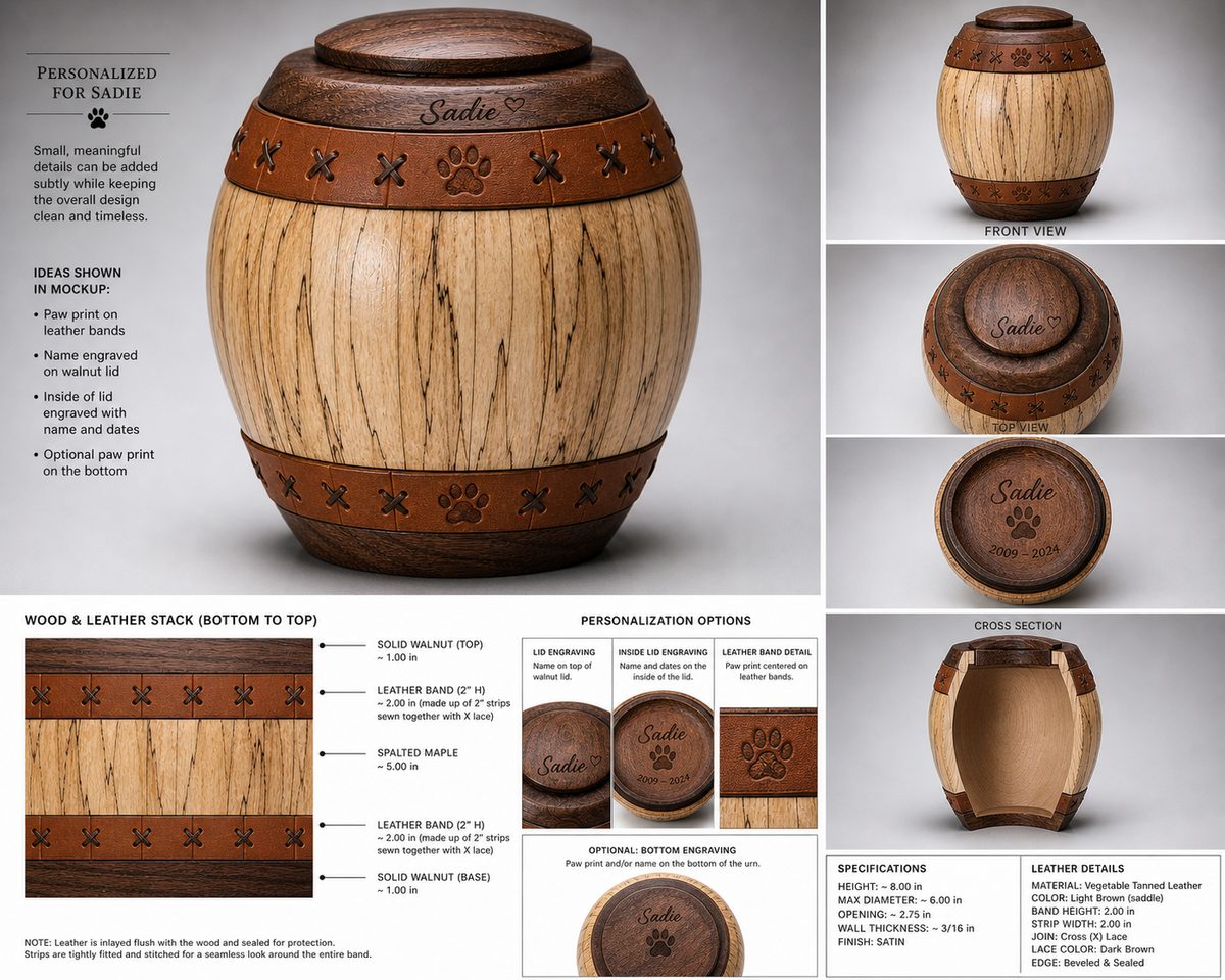 The design sheet for Sadie's urn: front, top and cross-section views, the wood and leather stack, and the personalization options