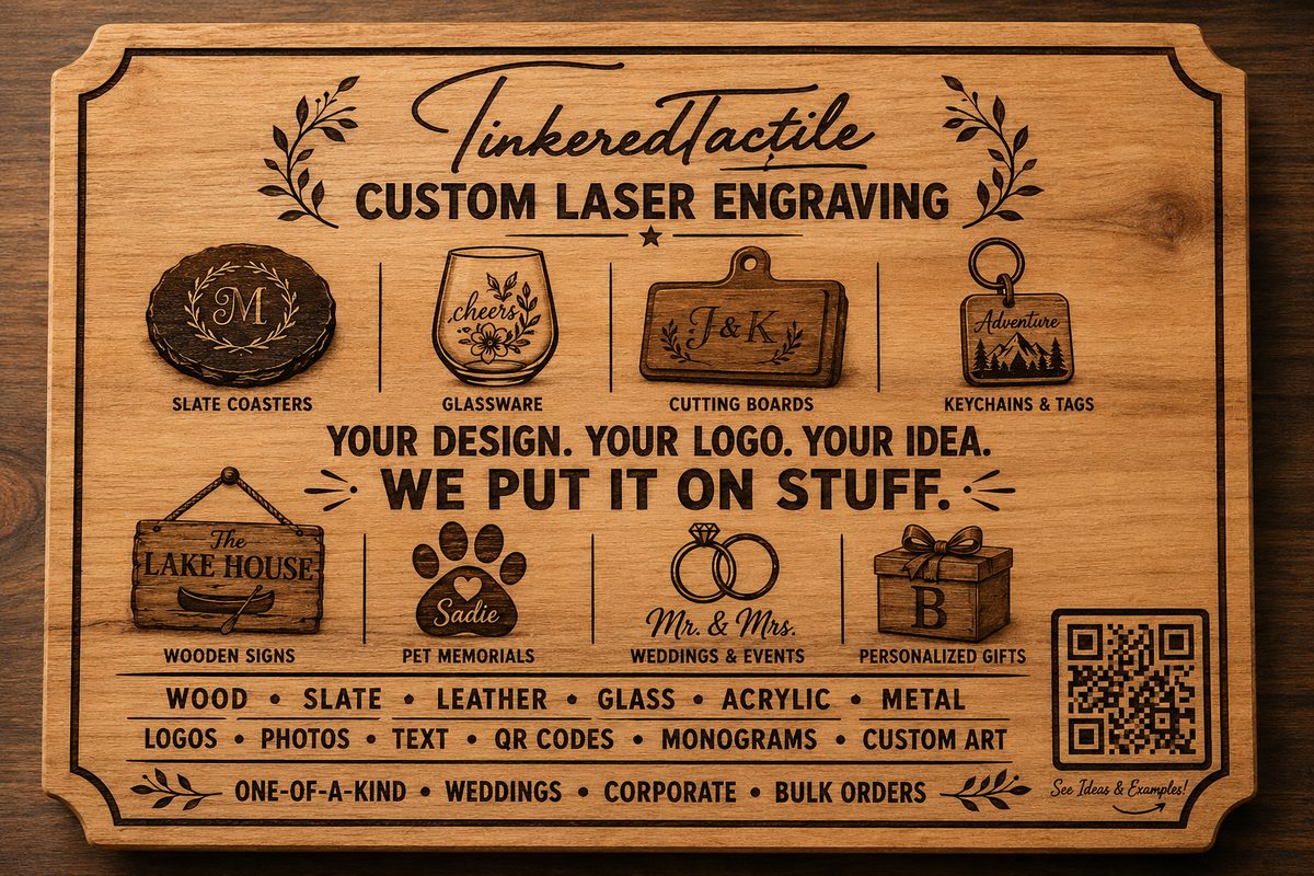 A wooden board engraved 'Tinkered Tactile, custom laser engraving' with drawings of slate coasters, glassware, cutting boards, keychains, a wooden sign, a pet memorial, wedding rings and a gift box, and the line 'Your design. Your logo. Your idea. We put it on stuff.'